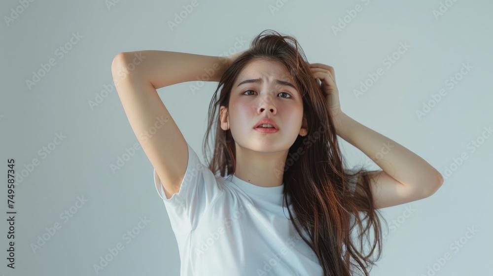 Fototapeta premium Portrait photography of young woman Wears a white t-shirt, has long hair and is cute and beautiful.