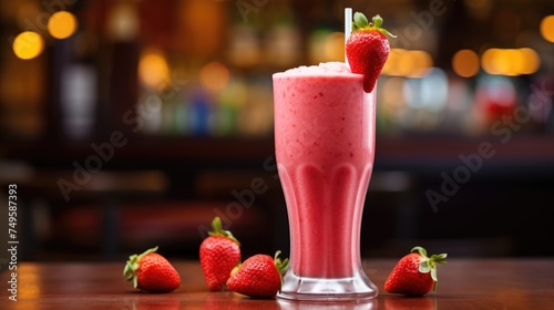 Smoothie in a glass of ripe strawberries on the table. A refreshing refreshing drink, a delicious snack and breakfast. A healthy organic drink. Proper nutrition and diet.