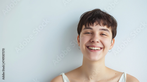 Linda mulher sorrindo isolada no fundo cinza claro - Papel de parede