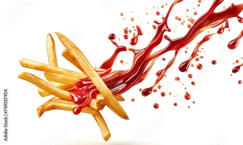 French fries with ketchup sauce flies on a white background. Falling French fries.