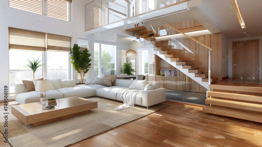 Modern two-story apartment with large living room with a white sofa and a wooden staircase with railings