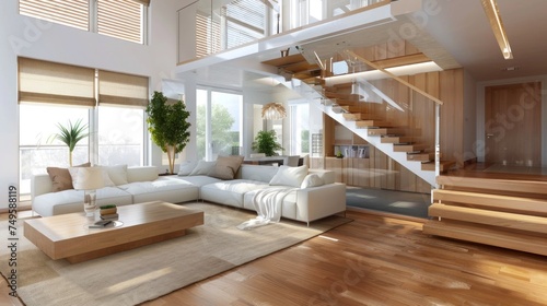 Modern two-story apartment with large living room with a white sofa and a wooden staircase with railings