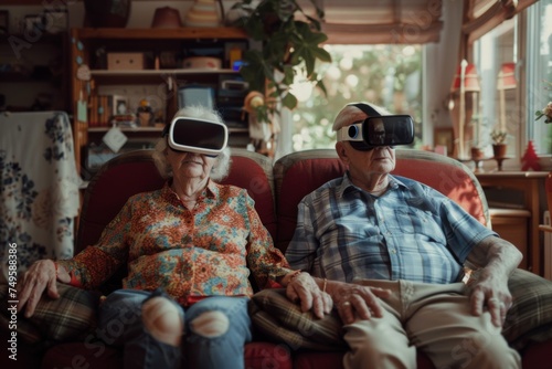 A senior couple, surrounded by the warmth of their vintage-decor home, delves into the realm of virtual reality, each donning a VR headset.