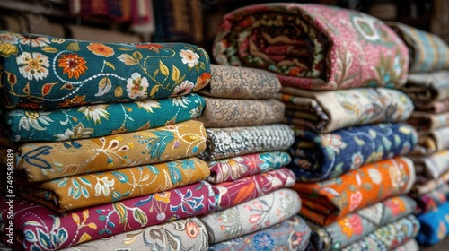 National Textile Day. Stack of vintage fabrics with floral print.