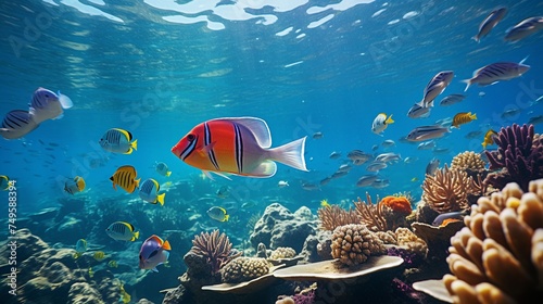 Underwater world. various types of beautiful fish and various types of coral reefs that exist under sea water.sea world