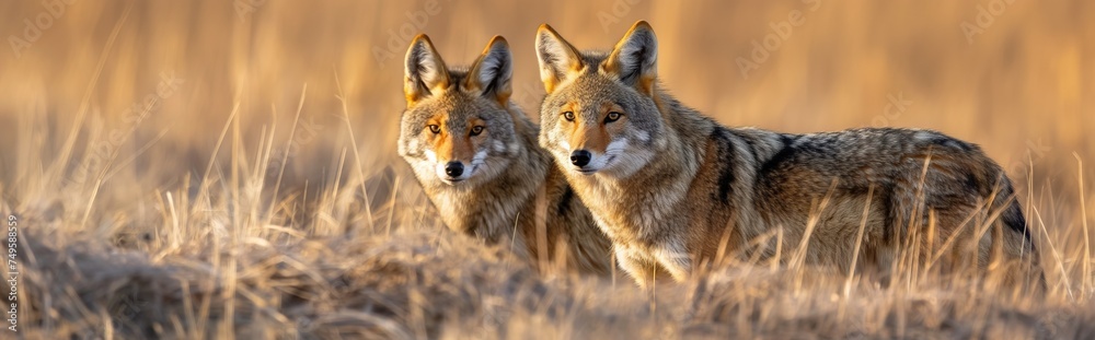 Wild coyotes standing in prairie grass in nature found throughout North America. They're known for their distinctive yipping and howling sounds. Portrait of Coyote in grassland. Wild coyotes standing in prairie grass in nature found throughout North America. They're known for their distinctive yipping and howling sounds. Portrait of Coyote in grassland.