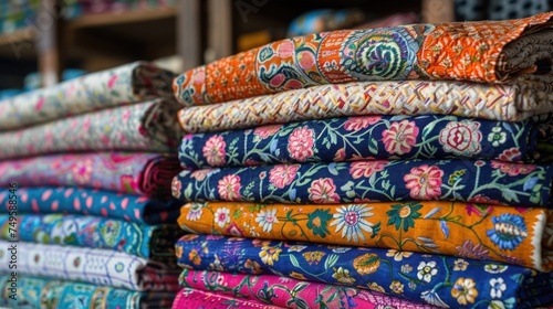 National Textile Day. Stack of vintage fabrics with floral print.