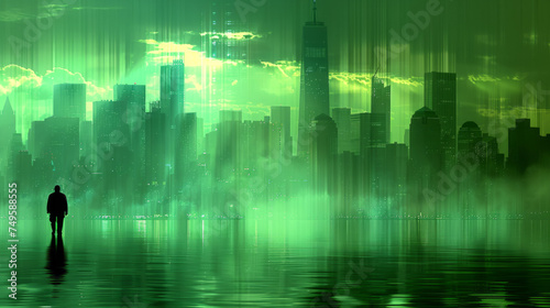 silhouette of a man in green background city