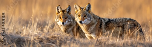 Wild coyotes standing in prairie grass in nature found throughout North America. They're known for their distinctive yipping and howling sounds. Portrait of Coyote in grassland.