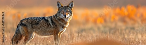 Wild coyotes standing in prairie grass in nature found throughout North America. They're known for their distinctive yipping and howling sounds. Portrait of Coyote in grassland. photo