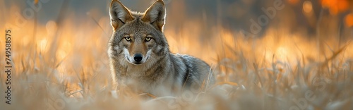 Wild coyotes standing in prairie grass in nature found throughout North America. They're known for their distinctive yipping and howling sounds. Portrait of Coyote in grassland.