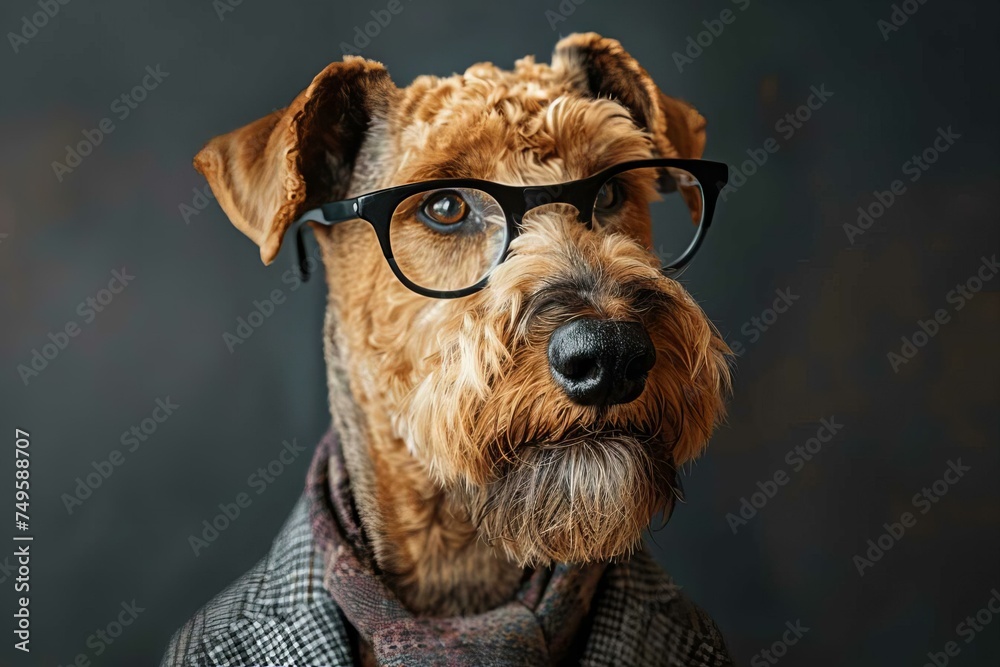 Airedale Terrier Dog with Glasses - obrazy, fototapety, plakaty 