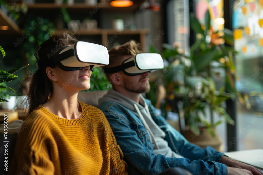 Amidst lush cafe greenery, a serene young couple with VR headsets enjoys a moment of peaceful escapism, reflecting the harmonious blend of nature, technology, and relaxation.