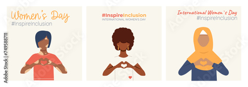 #InspireInclusion. International Women's Day. Woman with heart shaped gesture. Set of isolated banners March 8th. Faceless vector illustration.