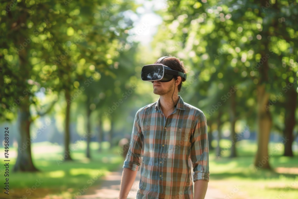 A man clad in a plaid shirt wanders a tree-lined park path, lost in a virtual reality experience that merges the outdoor ambiance with digital realms. A man clad in a plaid shirt wanders a tree-lined park path, lost in a virtual reality experience that merges the outdoor ambiance with digital realms.
