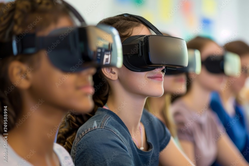 A classroom of diverse students is deeply engrossed in an interactive virtual reality lesson, embracing immersive technology for enhanced learning.