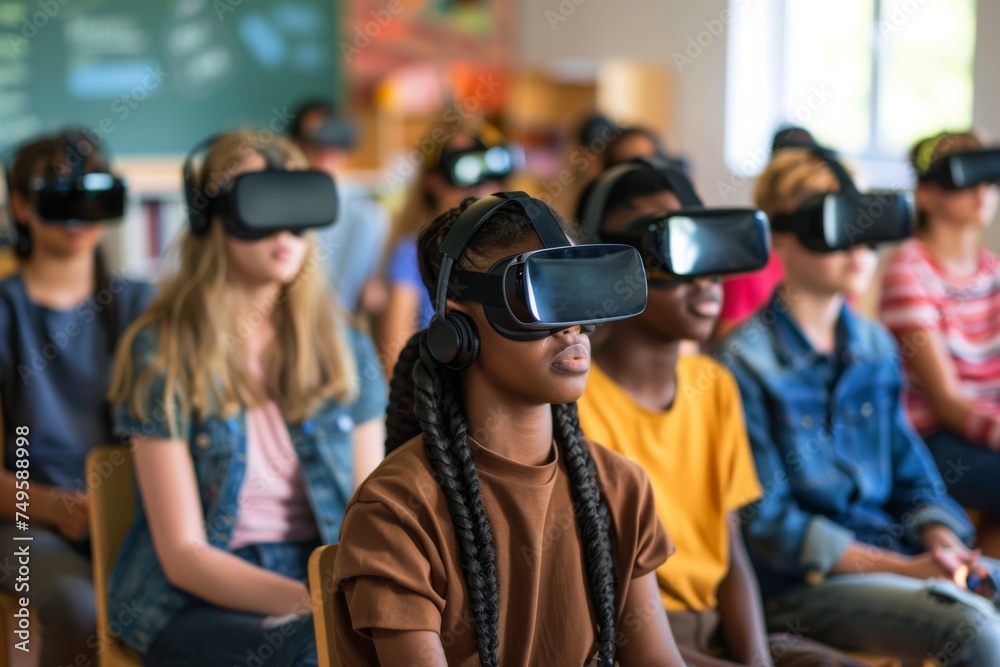 Students in a classroom setting are engaged in an interactive learning experience using virtual reality headsets, showcasing the integration of VR in education.