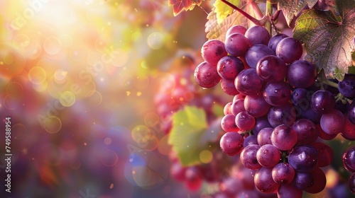 Sunlit cluster of ripe grapes on the vine with a bokeh background
