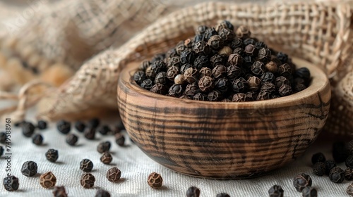 A wooden bowl full of aromatic black peppercorns