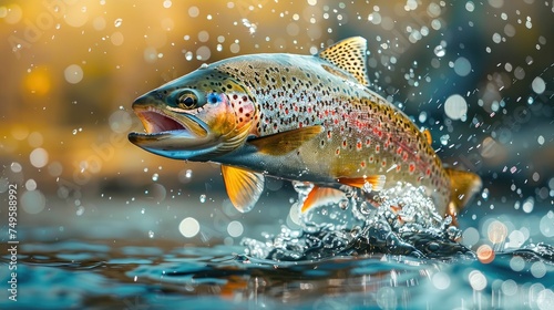 A trout leaps energetically from water, with a vivid bokeh light effect