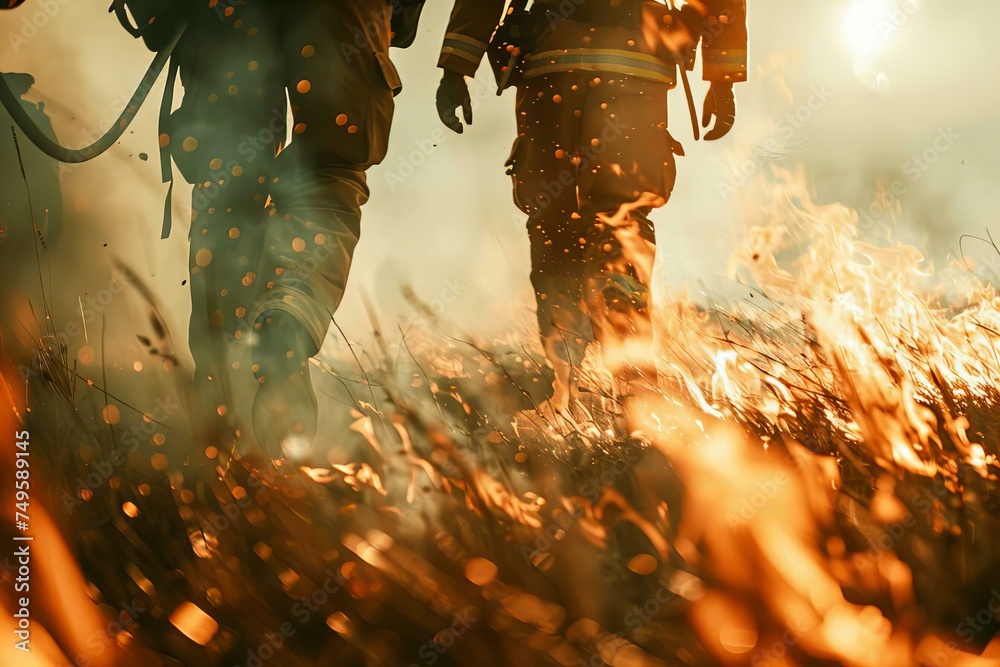 Close Up of Firefighters Walking in Wild Fire - obrazy, fototapety, plakaty 