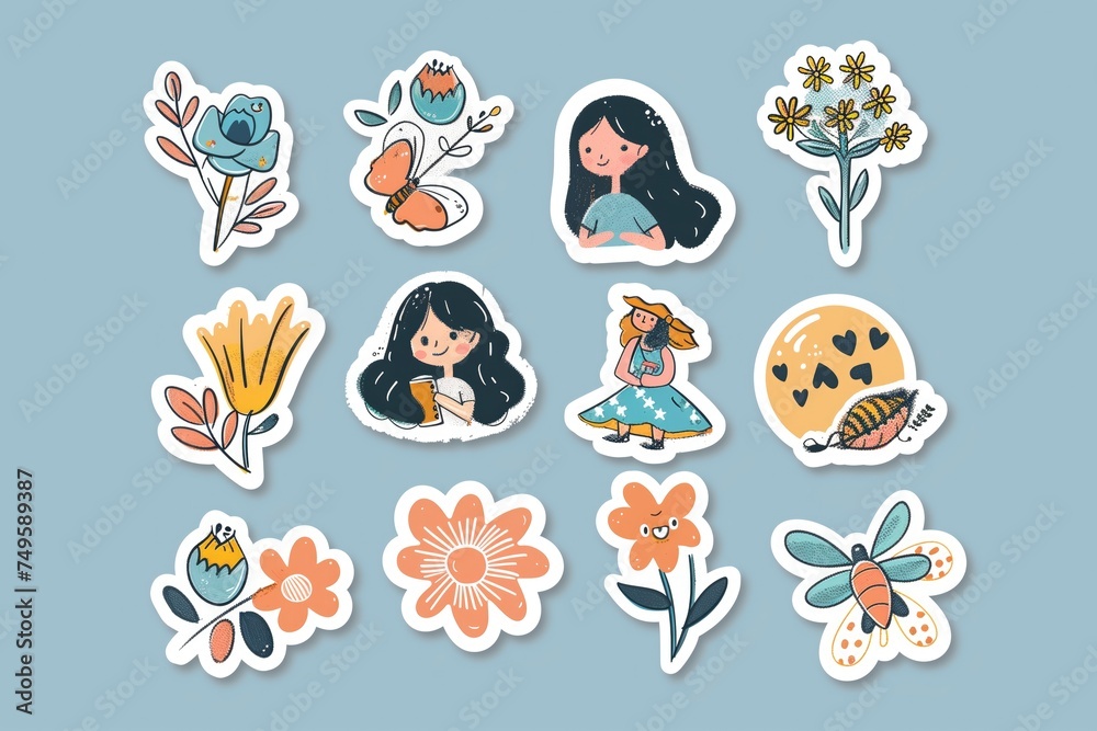 Fototapeta premium Simple vector sticker set depicting a spring aesthetic, cute girl