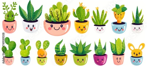 Cute happy funny succulents plants,cacti,flower emoji set collection. cartoon kawaii character illustration.Scculents,flowerpot,cactus plants stickers bundle concept.Isolated on white background photo