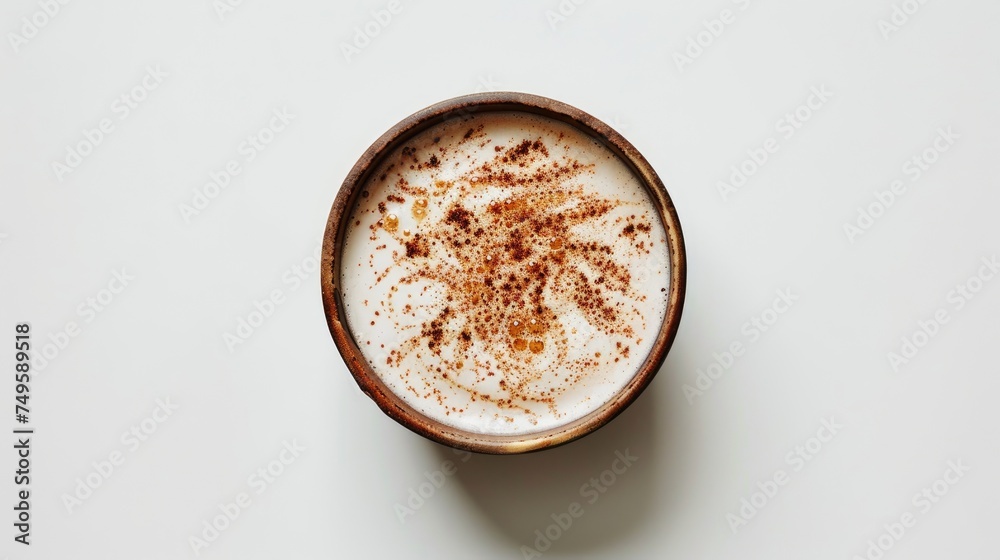 a coconut latte in a clean white background, the empty space for text to highlight its smooth flavor, dairy-free ingredients, and suitability for various dietary preferences.