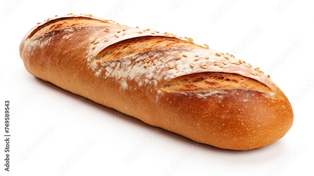 French Loaf Bread on White Background. One Isolated Loaf with Seeds. Perfect for a Golden