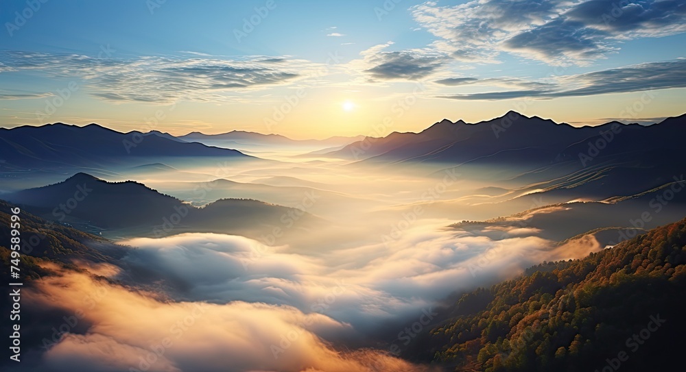 Above the Carpathian Mountains at Sunset: A Stunning Aerial View of Ukraine's Green Hills - obrazy, fototapety, plakaty 