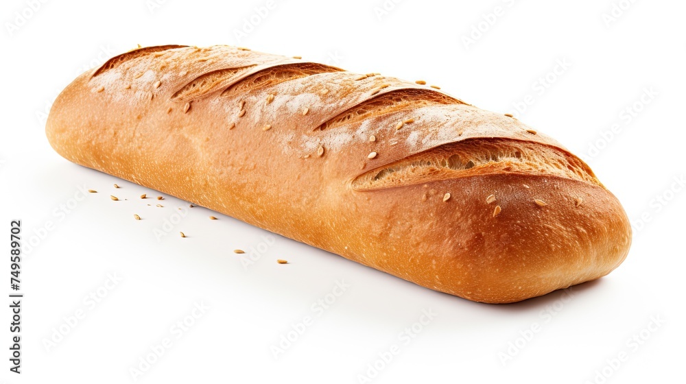 Golden French Loaf Bread. Isolated Loaf of Bread with Seeds on White Background. Perfect for Meal