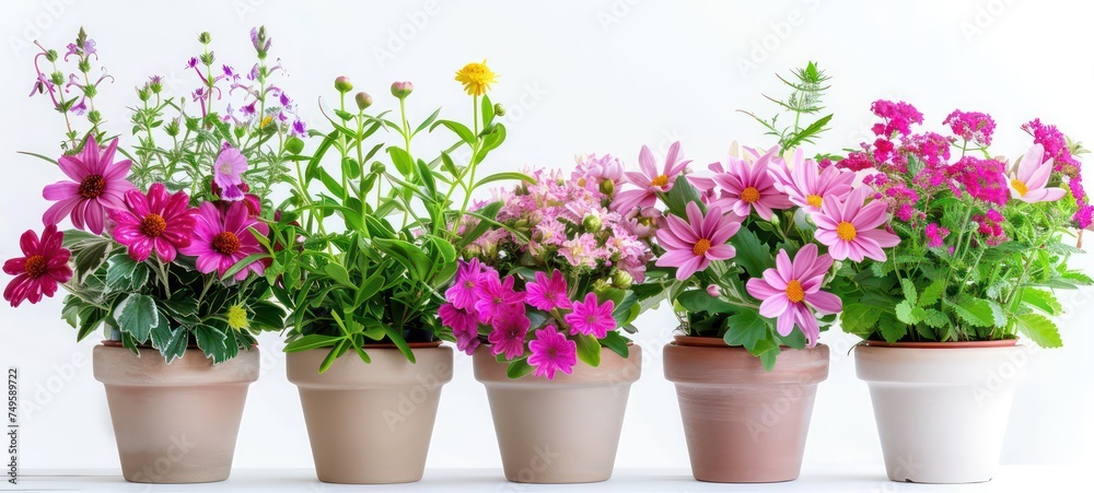 Different flowers in pots isolated on white