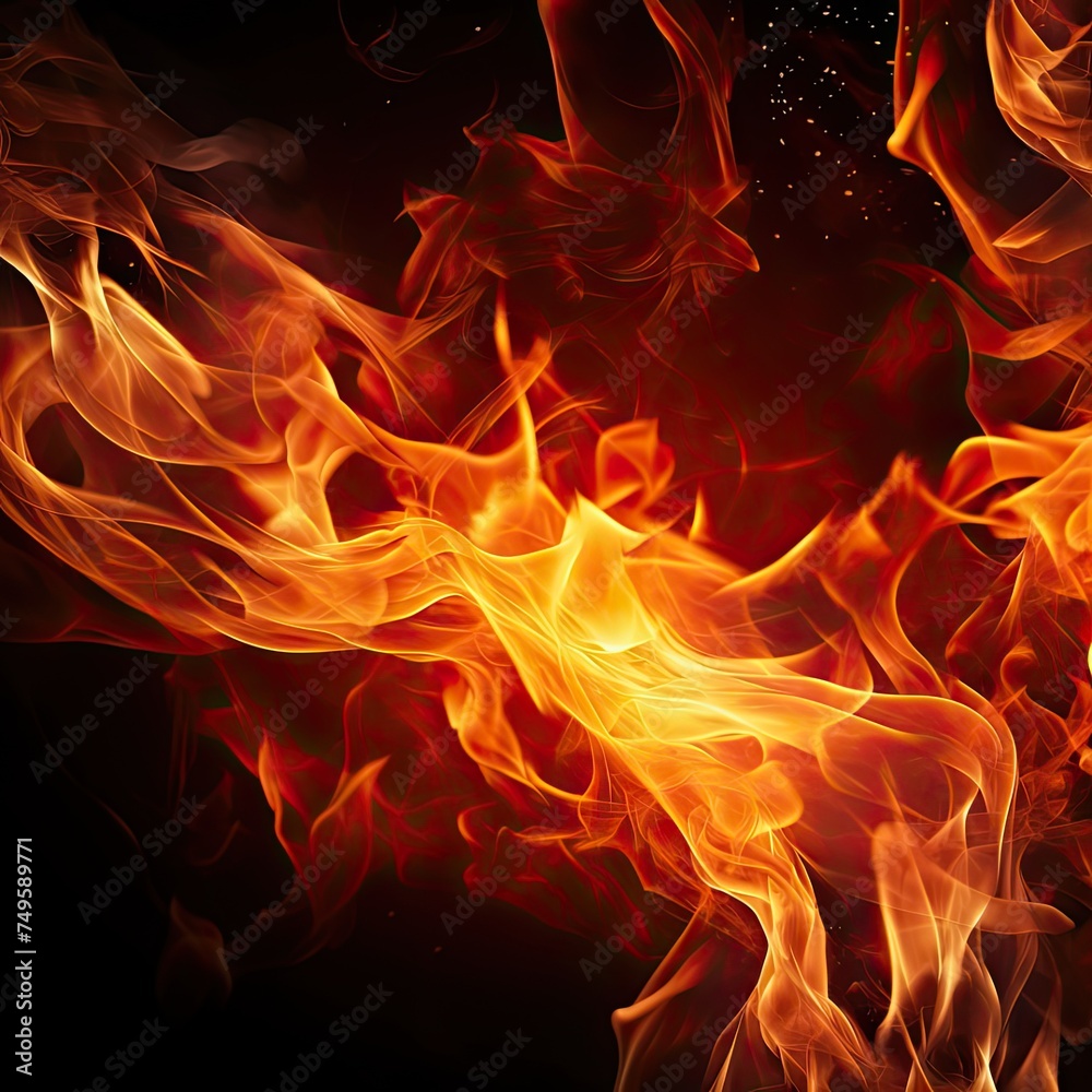 Flame on Black Background. Fire Flames in Hot Color on Dark Background. Warm and Intense Heat Flame on Black Background. Fire Flames in Hot Color on Dark Background. Warm and Intense Heat