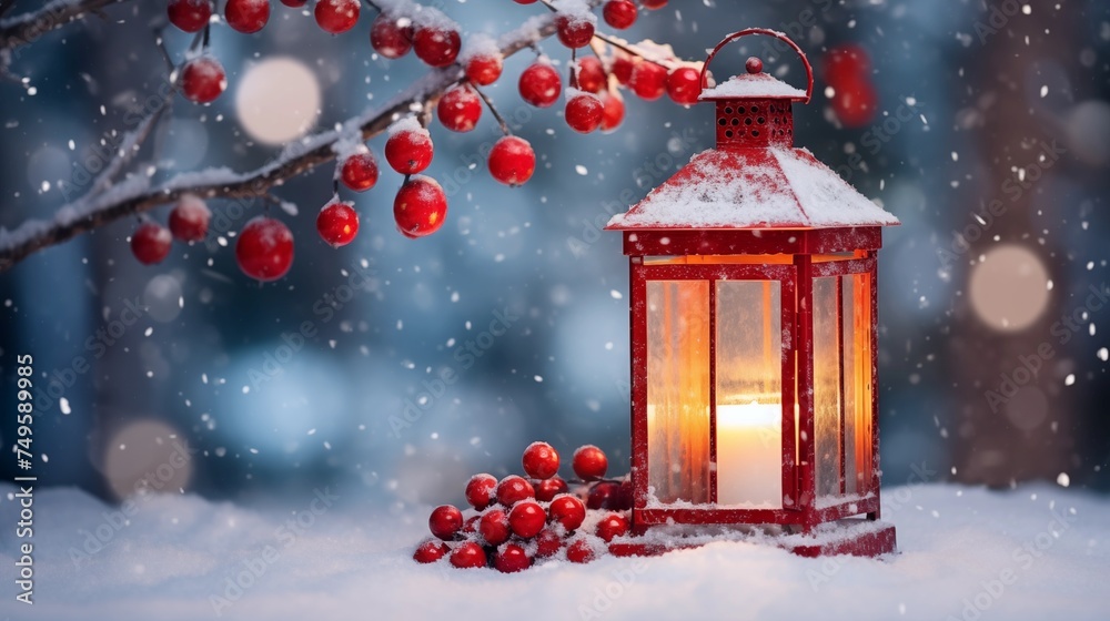 Winter snow Christmas lantern background with decorations with fir tree and shimmering snow and candle light outdoors during snowfall Winter snow Christmas lantern background with decorations with fir tree and shimmering snow and candle light outdoors during snowfall