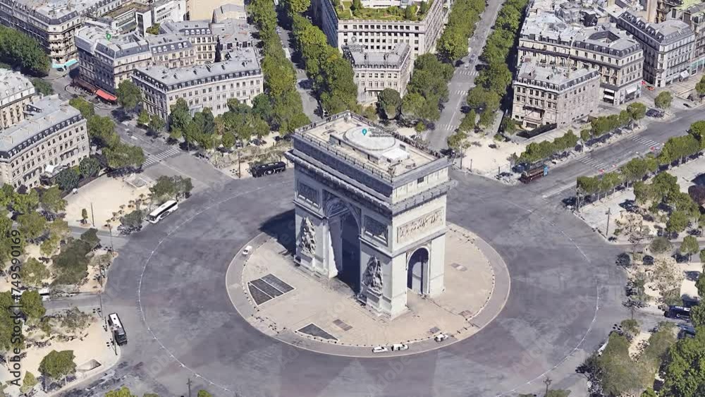 Paris City towards Arc de Triomphe and traffic circle, France. Circular movement around of an ancient beautiful place surrounded by flying.