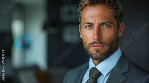 Confident Businessman in Suit and Tie Looking at Camera