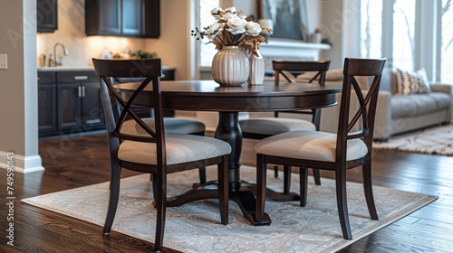 Dining Room Table With Chairs and Vase of Flowers © olegganko