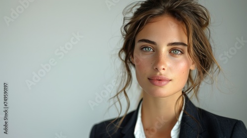 A sophisticated businesswoman in a luxurious dark suit jacket and a classic w...