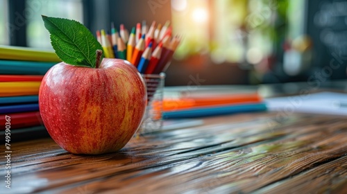pencil case and an apple in a notebook on the teacher's desk © fajar
