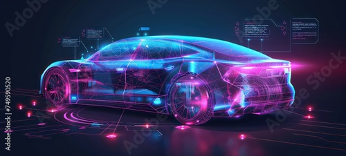 Hologram auto, futuristic polygonal model auto. Smart auto ai. Wireframe in line low-poly style. Smart automobile. illustration in futuristic style