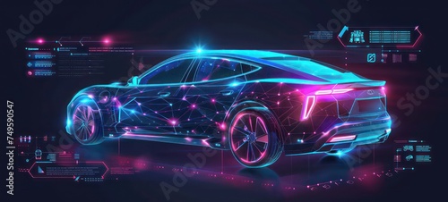 Hologram auto  futuristic polygonal model auto. Smart auto ai