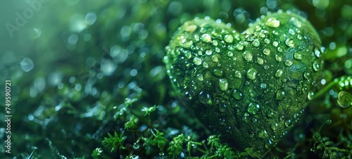 Love for nature with human heart in green colors covered with rain drops photo