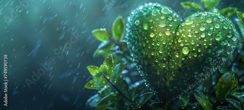 Love for nature with human heart in green colors covered with rain drops photo