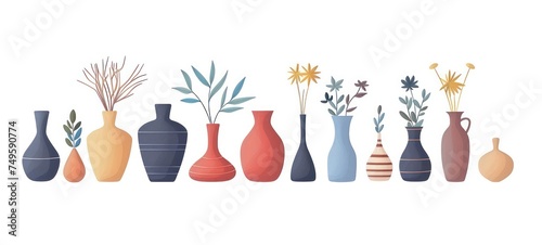 Different ceramic vases with gerbera flower isolated on white background