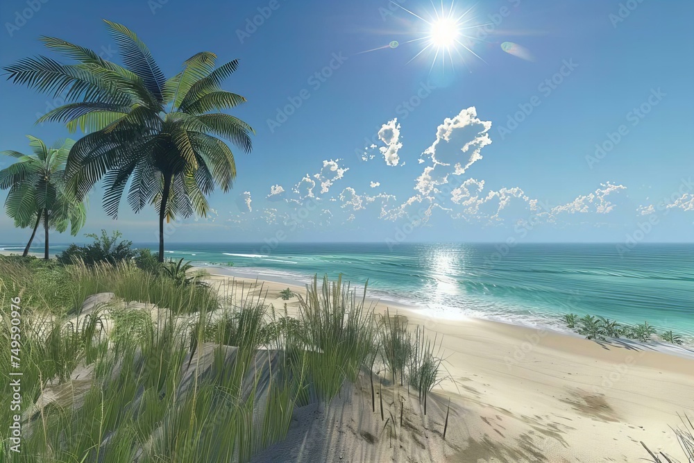 Beach with Palm Trees on Sunny Day