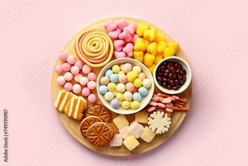 Easter sweet charcuterie board with chocolate eggs, candies, cookies and marshmallows on pink background. Top view. Happy Easter.