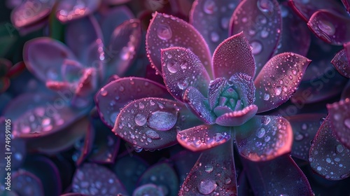 Macro photography of purple leaves with water drops and rich nature.