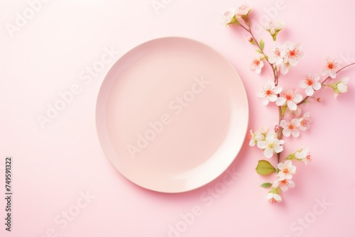 Easter table setting with spring blossom flowers on pastel pink background. Top view. flat lay style. Copy space.