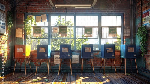 Vintage-style voting booths in a rustic brick room with morning light. Concept of traditional voting experience, historic polling station, and local elections. photo