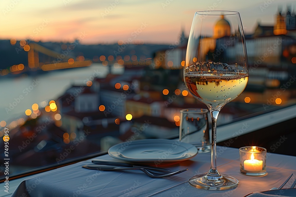 A glass of wine on a table with a view of a city.